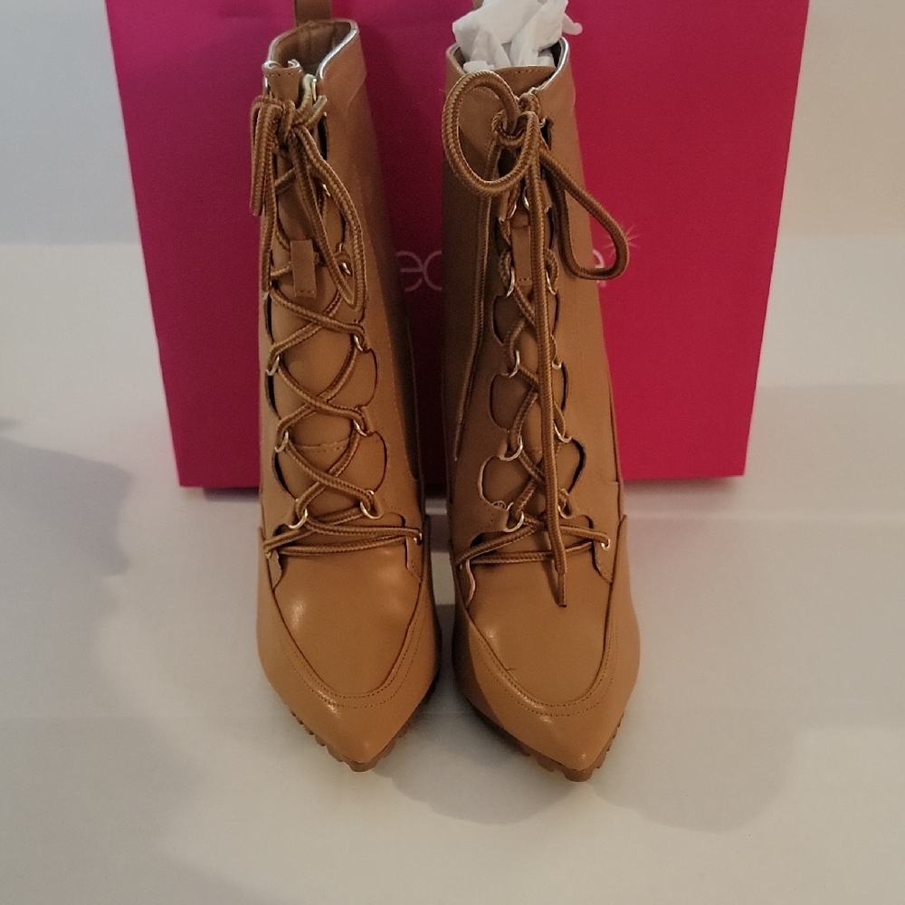 Shoe Dazzle Chic Tan Lace-Up Heeled Boots - Picture 6 of 9